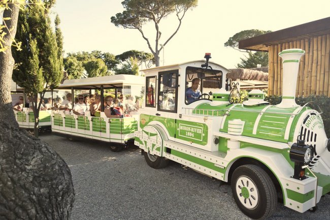 Trenino bianco e verde con passeggeri seduti.