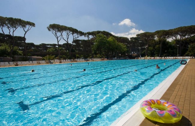 Piscina all'aperto con alberi sullo sfondo.