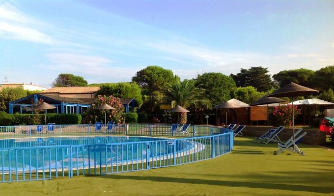 Piscina recintata con lettini sotto ombrelloni e giardino verde intorno.