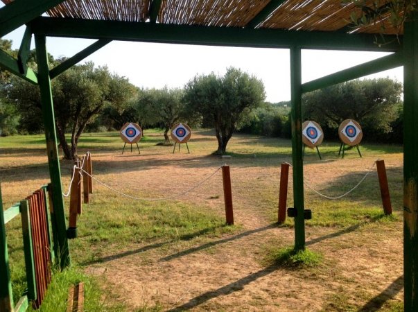 Un campo di tiro con l'arco all'aperto, con bersagli rotondi su cavalletti.