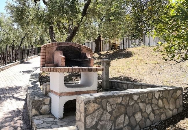 Barbecue in muratura tra gli alberi.