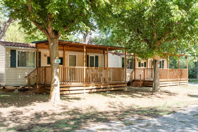 Bungalow in legno con veranda tra gli alberi.