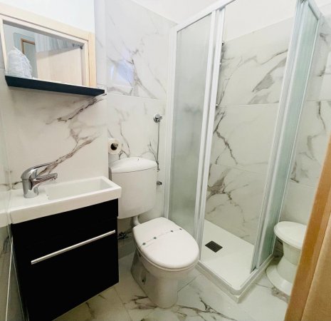 Bagno con doccia, lavabo e wc.