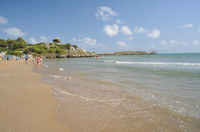 Spiaggia sabbiosa con onde leggere.