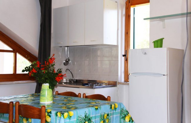 Cucina con tavolo coperto da una tovaglia colorata e fiori in vaso.