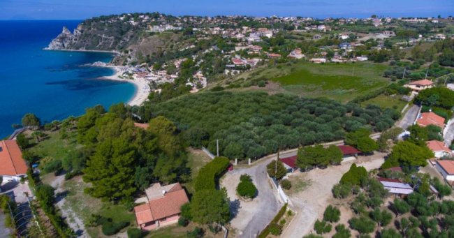 Veduta aerea di un paesaggio costiero con case, alberi e una spiaggia.