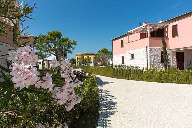Sentiero fiorito con case rosa e clima sereno.