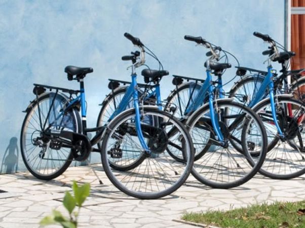 Biciclette blu parcheggiate su un marciapiede.