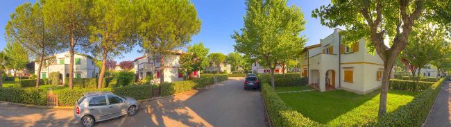 Strada alberata con case e auto parcheggiate.