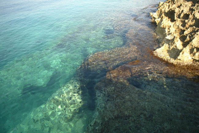 Scogliera e mare cristallino con sfumature verdi.