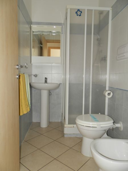 Bagno con doccia, lavandino e WC.