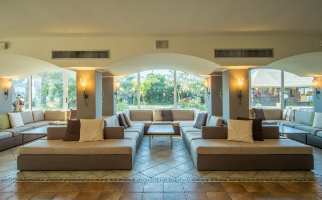 Salotto spazioso con divani e grandi finestre.