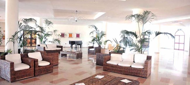 Salotto con divani in rattan e piante, pianoforte nero sullo sfondo.