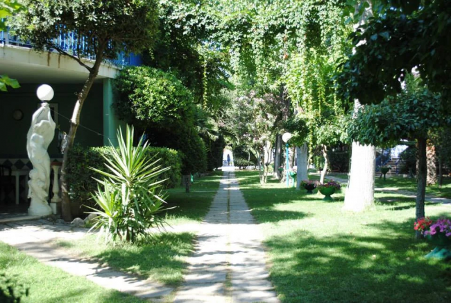 Sentiero in giardino ombreggiato, circondato da piante e fiori.