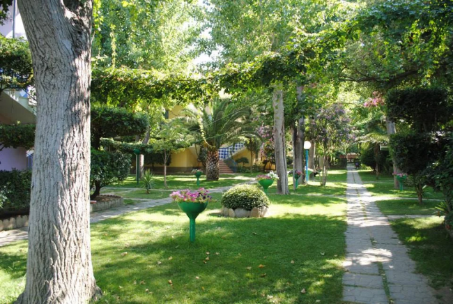 Giardino curato con vialetto, alberi e fiori.