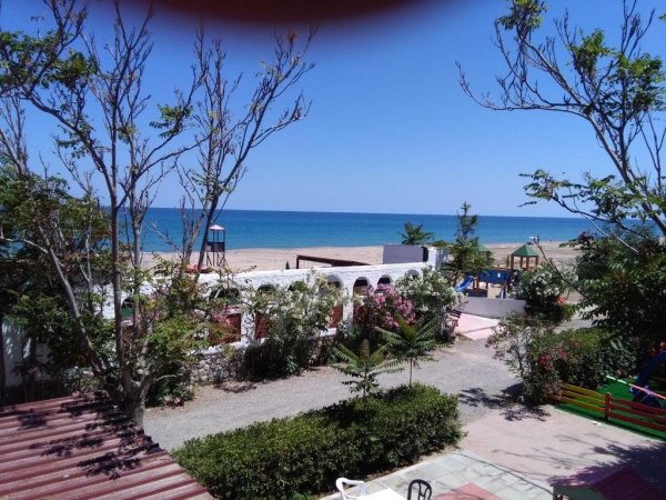 Vista su giardino e mare con cielo blu.
