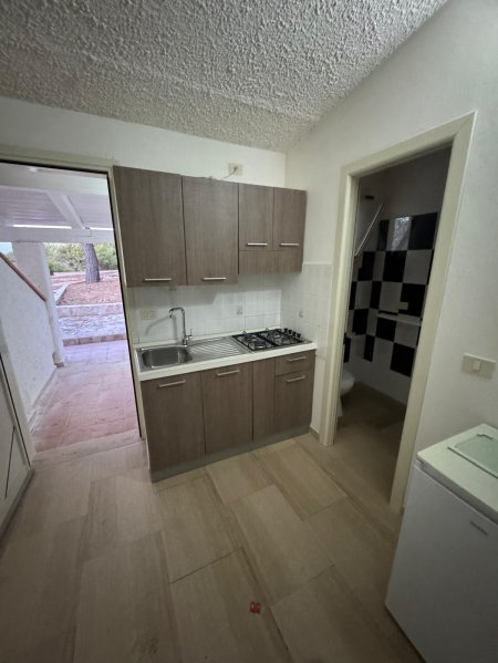 Cucina piccola con lavello e piano cottura, porta esterna.