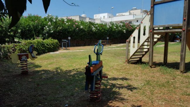 Parco giochi erboso con giochi a molla e scivolo vicino a una siepe.