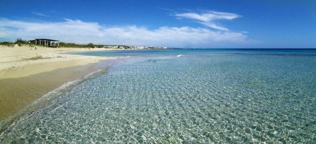 Spiaggia sabbiosa con mare cristallino e cielo blu.