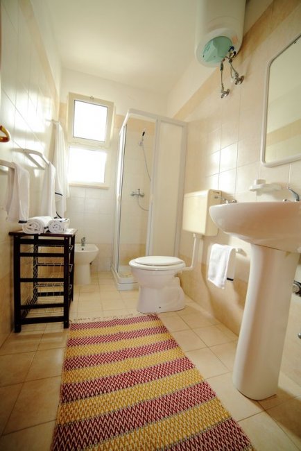 Bagno con doccia, wc e lavabo, tappeto colorato lungo.