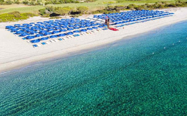 Spiaggia sabbiosa con file di ombrelloni blu.